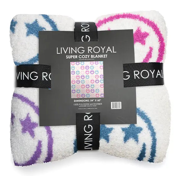 Living Royal Throw Blanket - Star Eyes Happy Faces - Purple & White